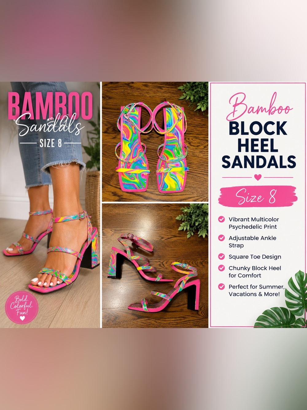 Bamboo Multicolor Psychedelic Print Block Heel Sandals Size 8